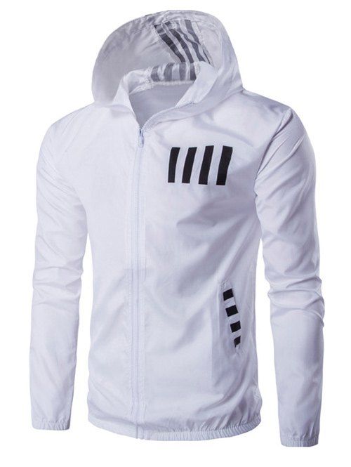 Hooded Zip-Up Number and Stripe Print Polyester Jacket - WHITE L