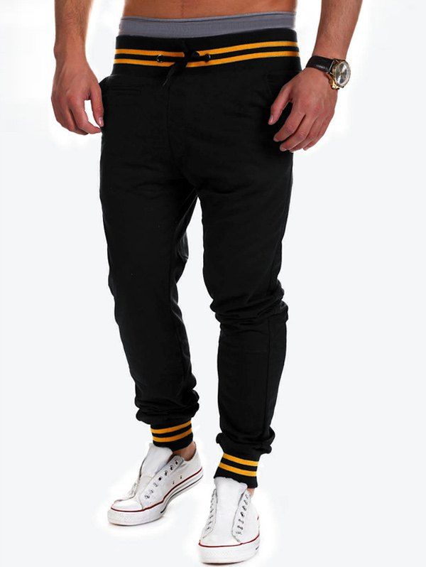 

Lace-Up Beam Feet Color Block Stripe Spliced Jogger Pants, Black