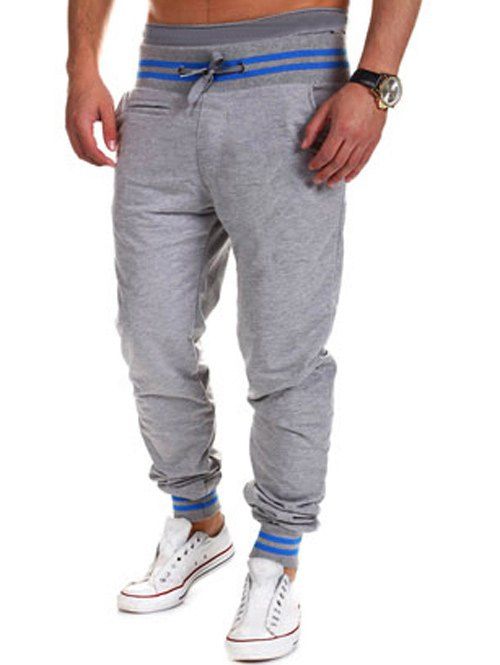 

Lace-Up Beam Feet Color Block Stripe Spliced Jogger Pants, Light gray