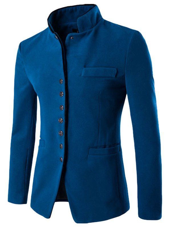 

Single-Breasted Stand Collar Slimming Wool Blazer, Lake blue