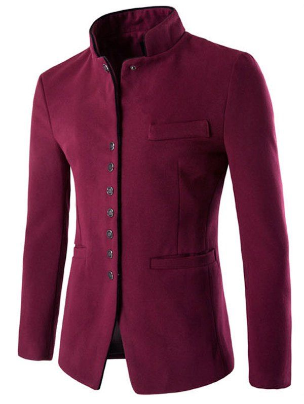 

Single-Breasted Stand Collar Slimming Wool Blazer, Wine red