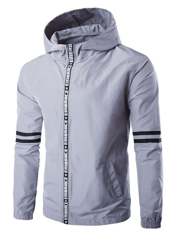 Hooded Zip-Up Lettre Edging Varsity Stripe Jacket - Gris XL