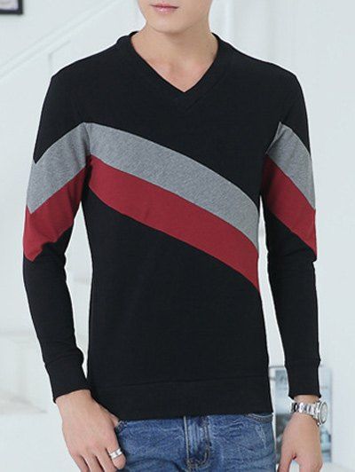 Diagonal Striped Color Block V-Neck Sweatshirt - Rouge et Noir XL