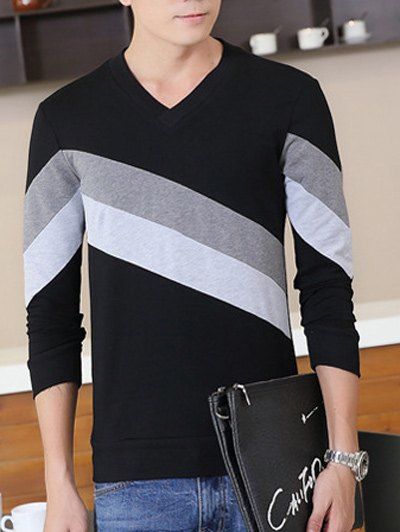 

Diagonal Striped Color Block V-Neck Sweatshirt, White and black