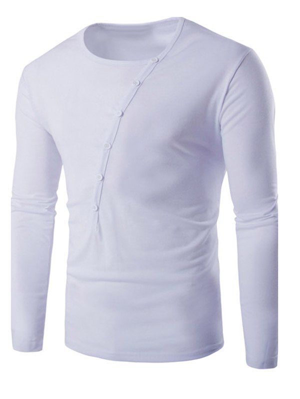 

Round Neck Long Sleeve Buttons Embellished T-Shirt, White