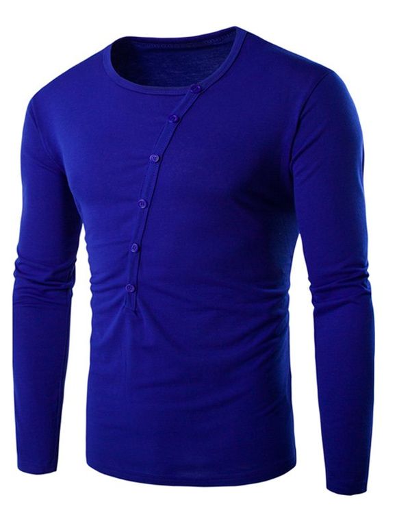 Boutons T-shirt Agrémentée col rond manches longues - Bleu Saphir L