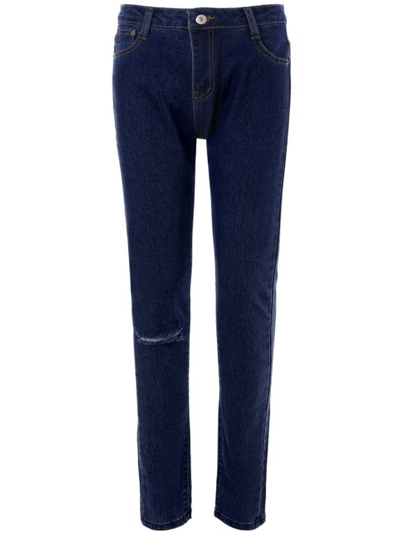 Trou brisé poche design simple Jeans - Bleu profond S