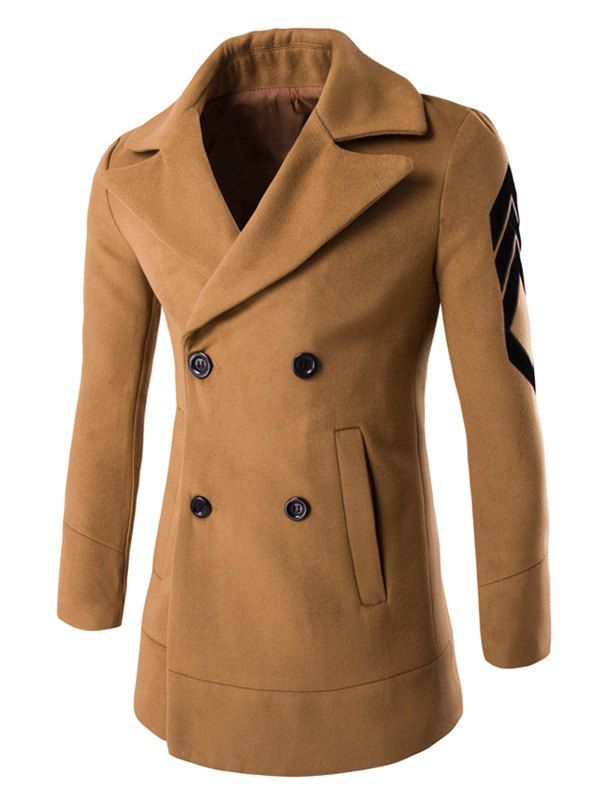 

Turn-Down Collar Double-Breasted Embroidery Woolen Coat, Camel