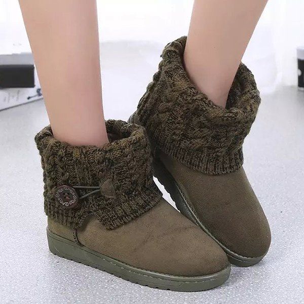 

Button Cable Knitted Suede Snow Boots, Army green