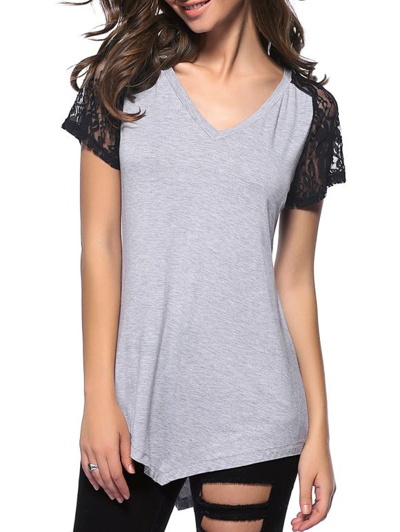 Femmes Casual  's V-cou à manches courtes Shrink Pliez T-shirt en dentelle - Gris Clair XL