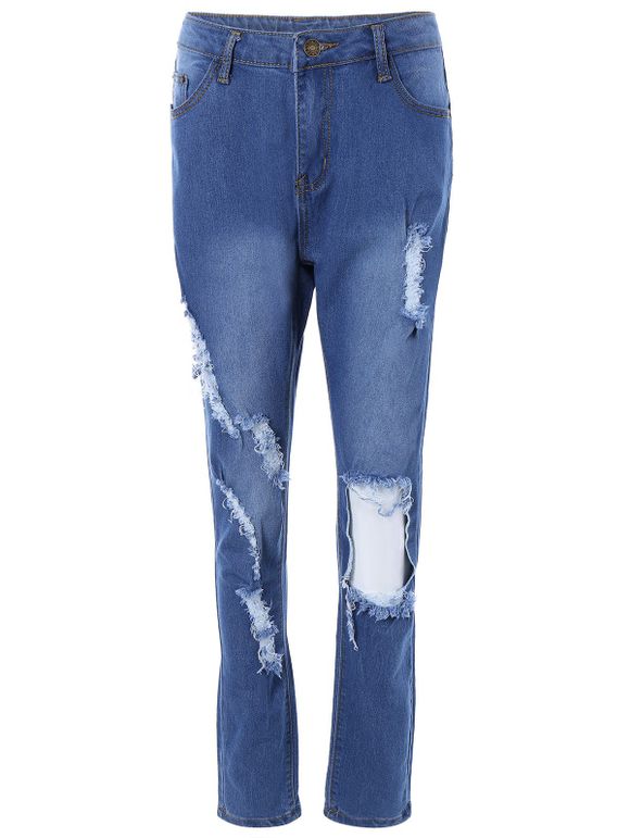 Trou brisé poche design Stretchy Jeans - Bleu Toile de Jean S