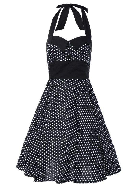 Boutons Halter Polka Dot Dress Vintage - Noir 2XL