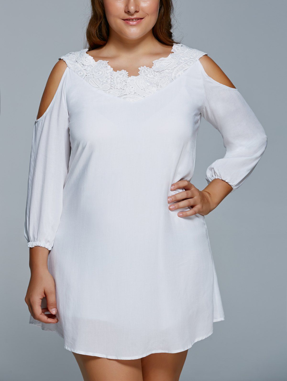 white cold shoulder mini dress
