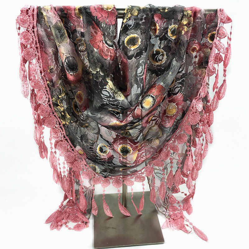 

Feather Pendant Flower Pattern Openwork Lace Triangle Scarf, Pink