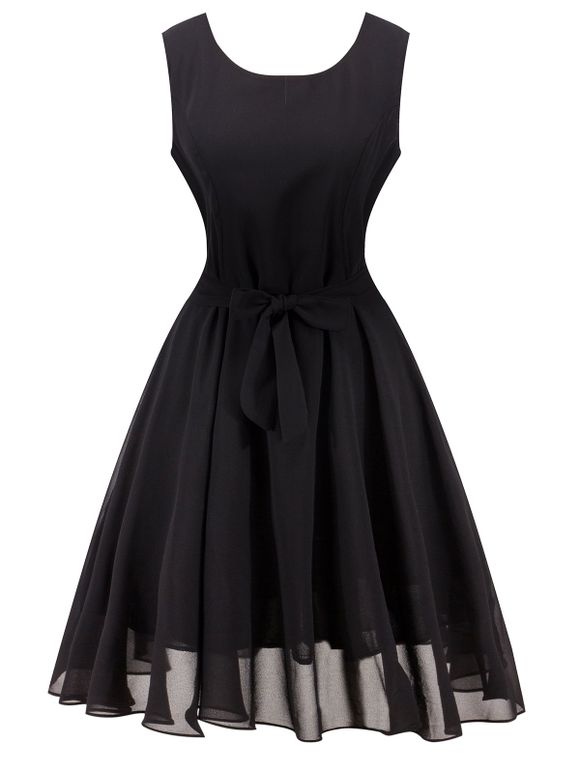 Retro manches robe ceinturée taille haute - Noir XL