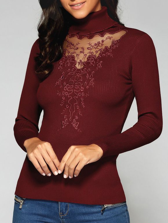 Turtleneck See Through Sweater - Rouge vineux ONE SIZE