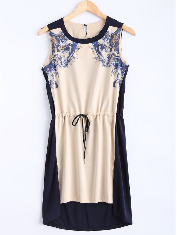 Digital Print Drawstring manches Plus Size Dress - Kaki Léger L