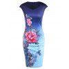 Cape Sleeve Tie Dye Floral Print Fitted Dress - DEEP BLUE M