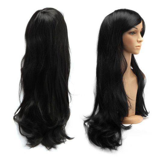 

Long Side Bang Slightly Curled Parrucca Piena Cosplay Synthetic Wig, Black
