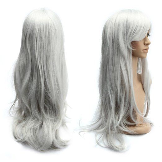 Long Side Bang Slightly Curled Parrucca Piena Cosplay Synthetic Wig, Silver white