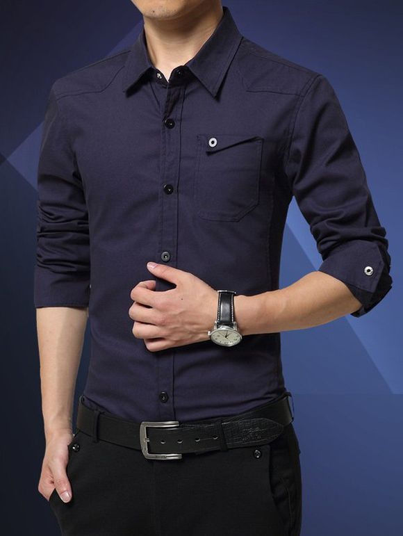 Slim-Fit Col Turn-Down Flap Pocket Shirt - Bleu profond L