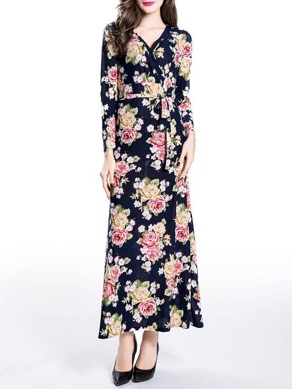 

Wrapped Long Floral Print Maxi A-Line Dress, Purplish blue