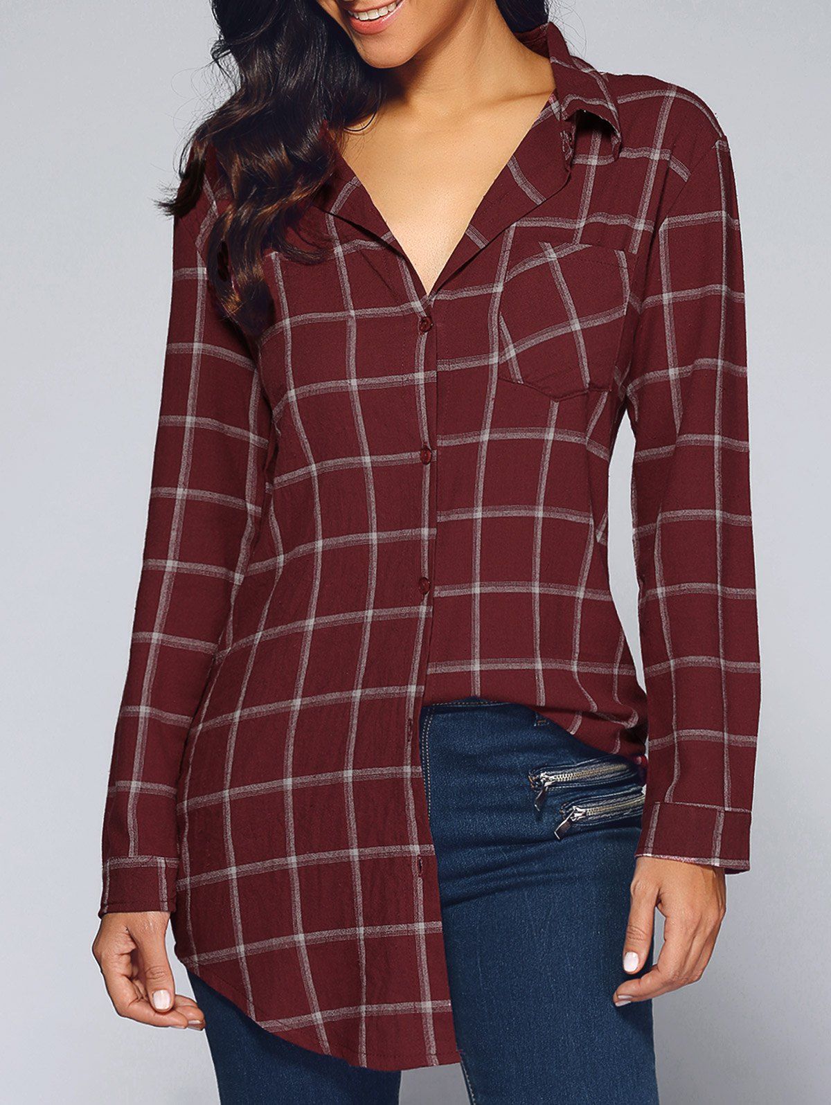 [17 OFF] 2021 Long Style One Pocket Plaid Shirt In DARK RED DressLily