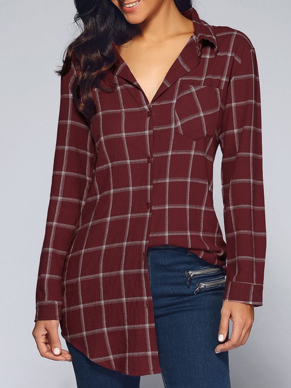 Style Long One Pocket Plaid Shirt - Rouge Foncé XL