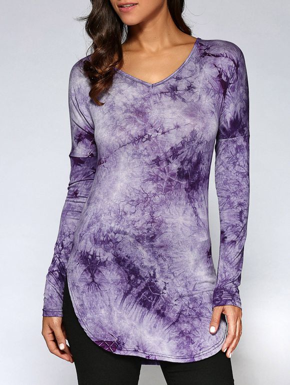 V Neck Tie Dye manches longues Tee - Pourpre S