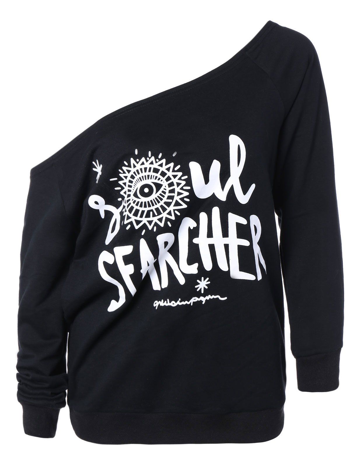 

One-Shoulder Letter Print Casual Sweatshirt, Black