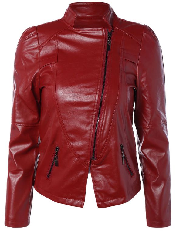 Blouson Motard Zippé en Similicuir - Rouge vineux M