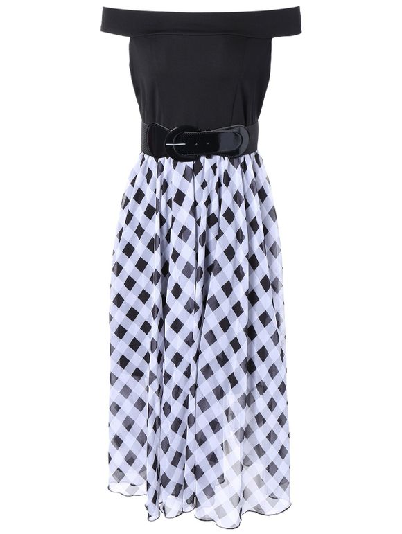 Off The Shoulder Belted Vérifié Robe - Noir S