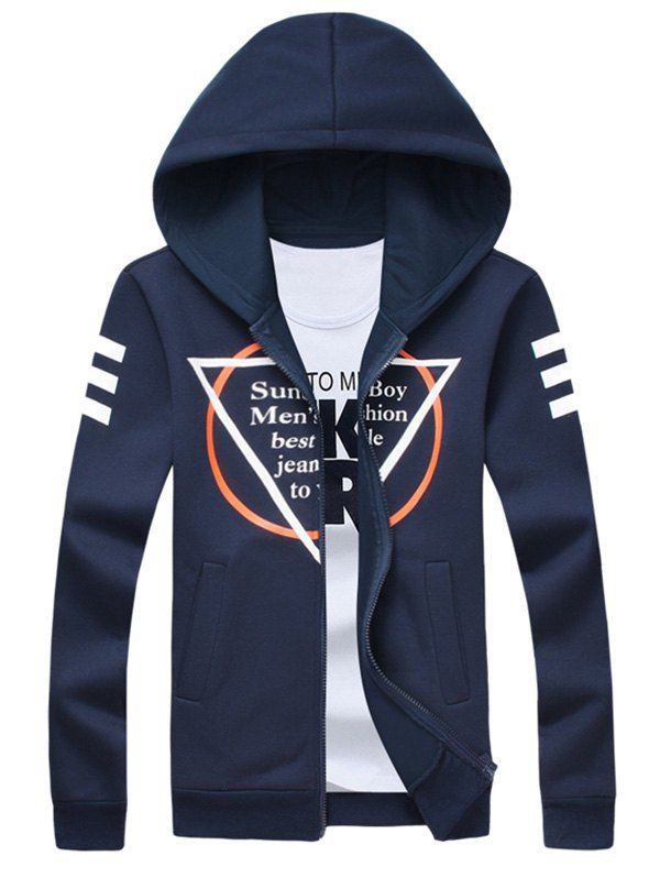 

Zip Up Inverted Triangle Print Long Sleeve Hoodie, Cadetblue