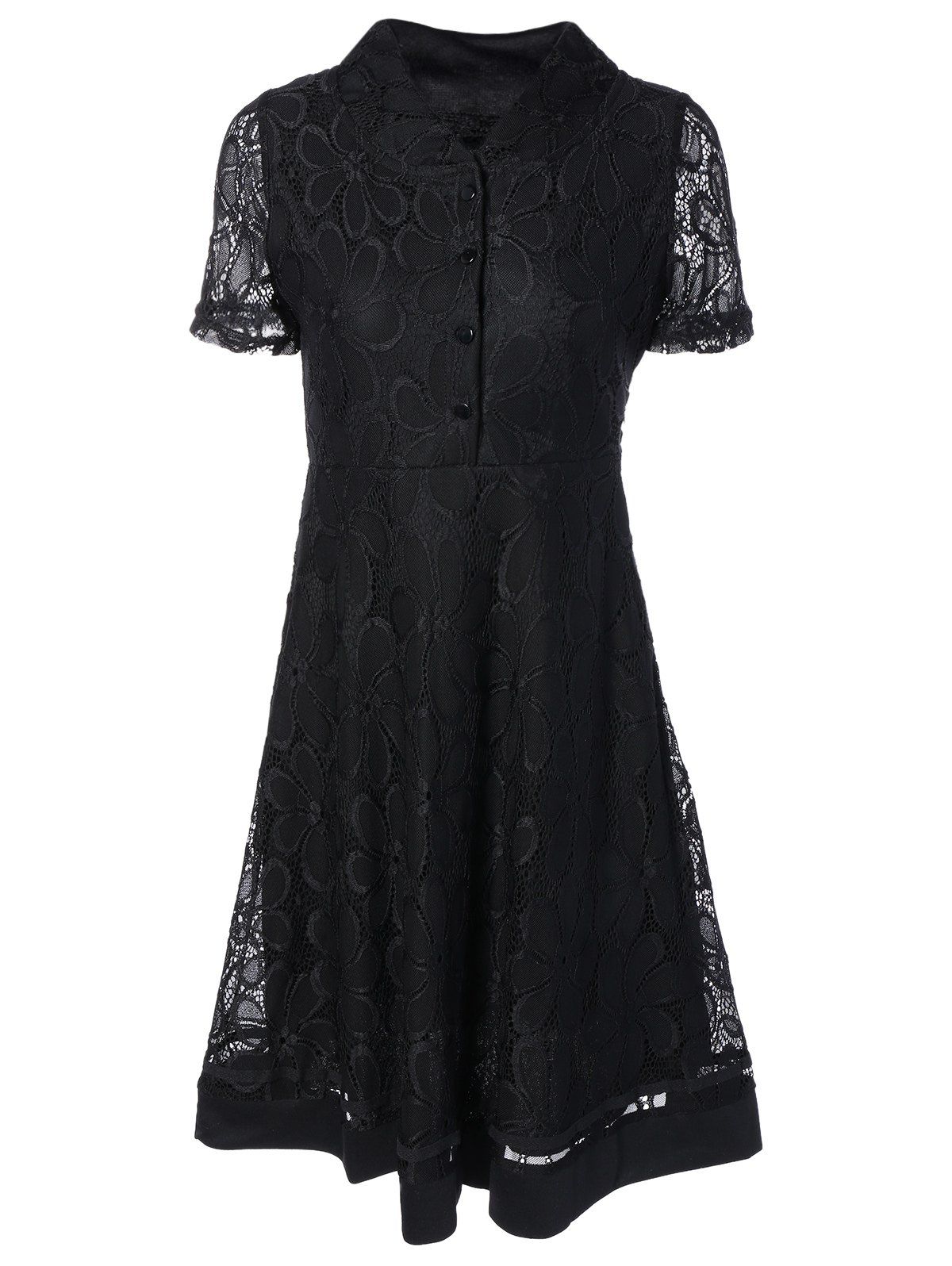 

Lace Splicing Fit and Flare Dress, Black