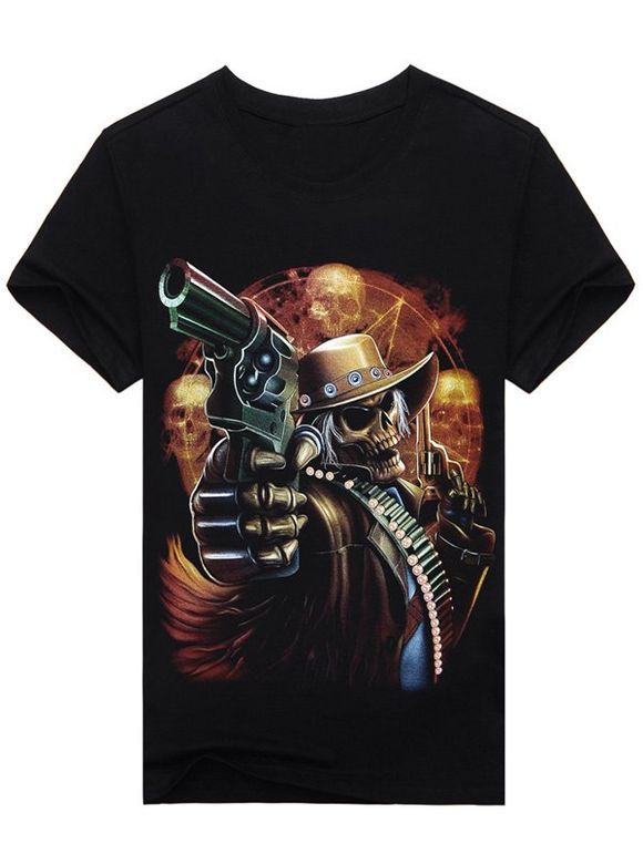 T-shirt Imprimé Crâne et Fusil 3D à Col Rond - Noir L