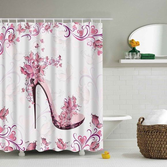 Rideau de Douche Imperméable Motif Chaussures à Talons Aiguilles et Fleurs - Rose L