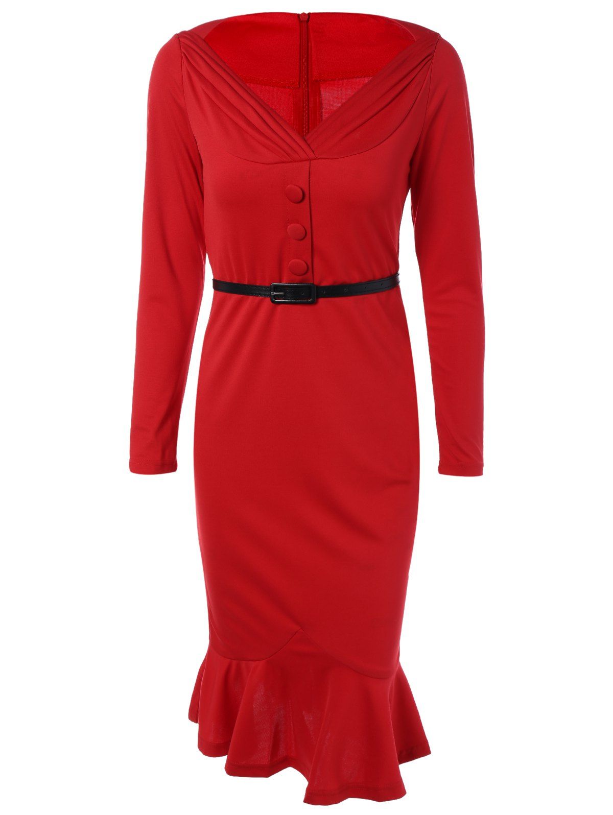 Belted Packet Buttock Long Sleeve Mermaid Dress, Red