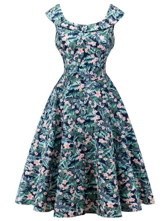 Retro Cap Sleeve Floral Capelet Dress - RAL5001 Vert Bleu XL