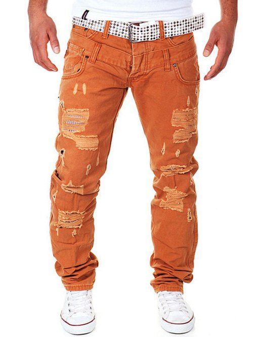 Pantalon Cargo Déchiré Double Taille à Jambe Droite - Orange 34