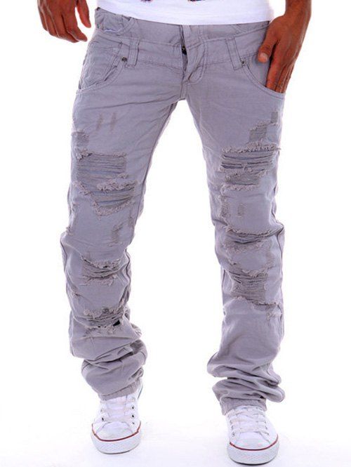

Double-Waist Straight Leg Distressed Cargo Pants, Light gray