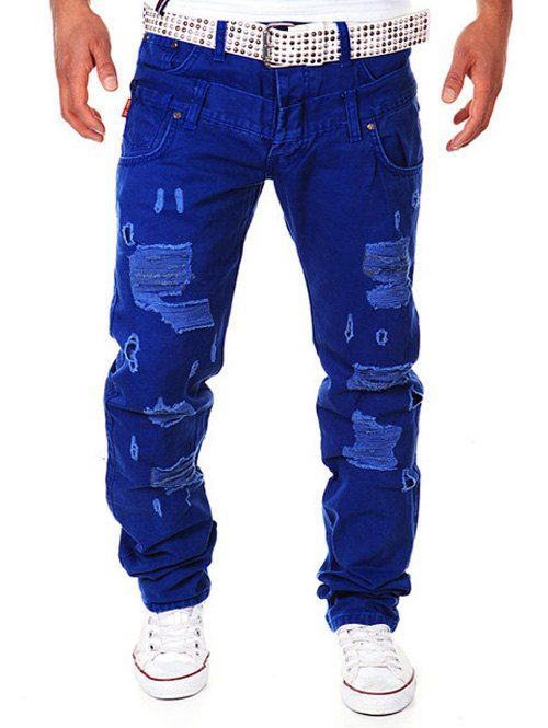 Pantalon Cargo Déchiré Double Taille à Jambe Droite - Bleu Saphir 28