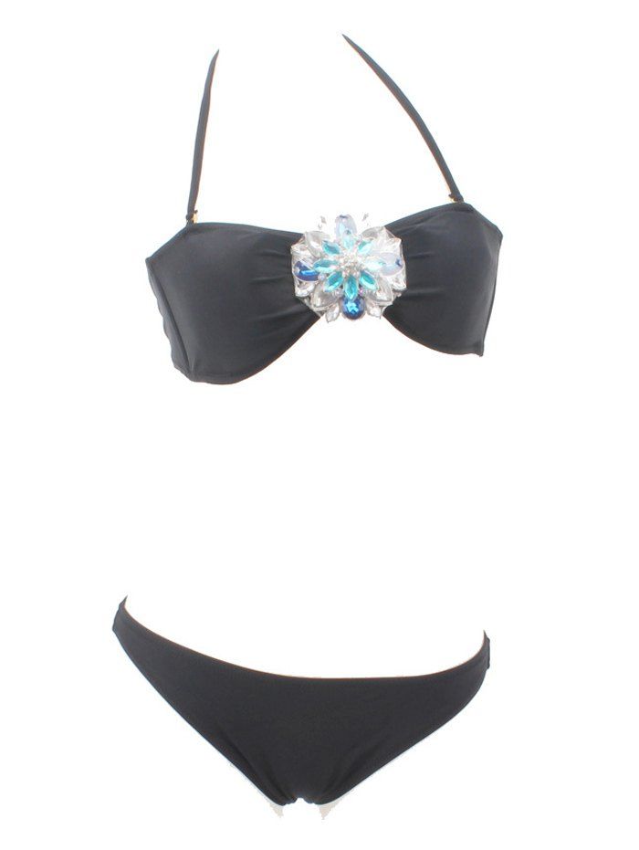 

Rhinestone Embellished Padded Halter Bikini Set, Black