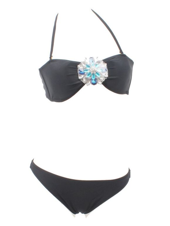 Strass Agrémentée rembourrée Halter Bikini Set - Noir M