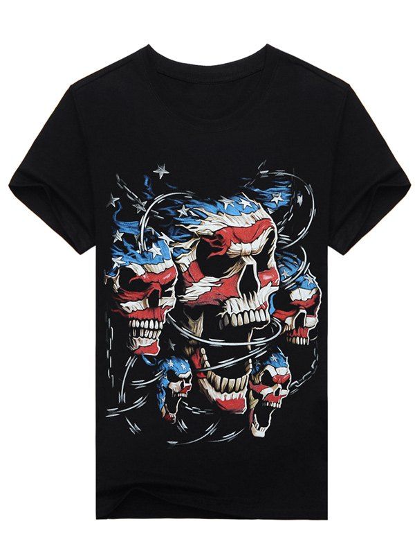 

Round Neck 3D Stripe and Star Skulls Print Short Sleeve T-Shirt, Black