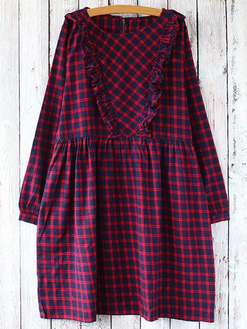 

Gingham Check Long Sleeve Dress, Red with black