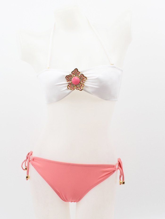 

Flower Embellished Halter String Bikini Set, White