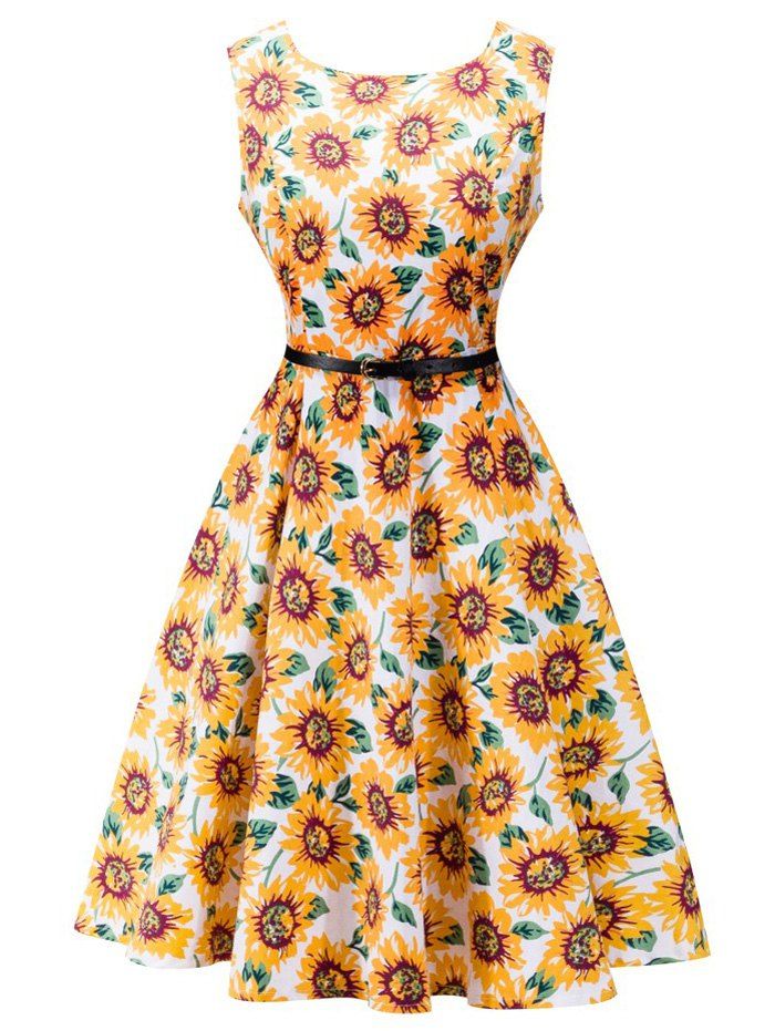 [17 OFF] 2021 Retro High Waisted Sunflower Dress In PASTER ORANGE