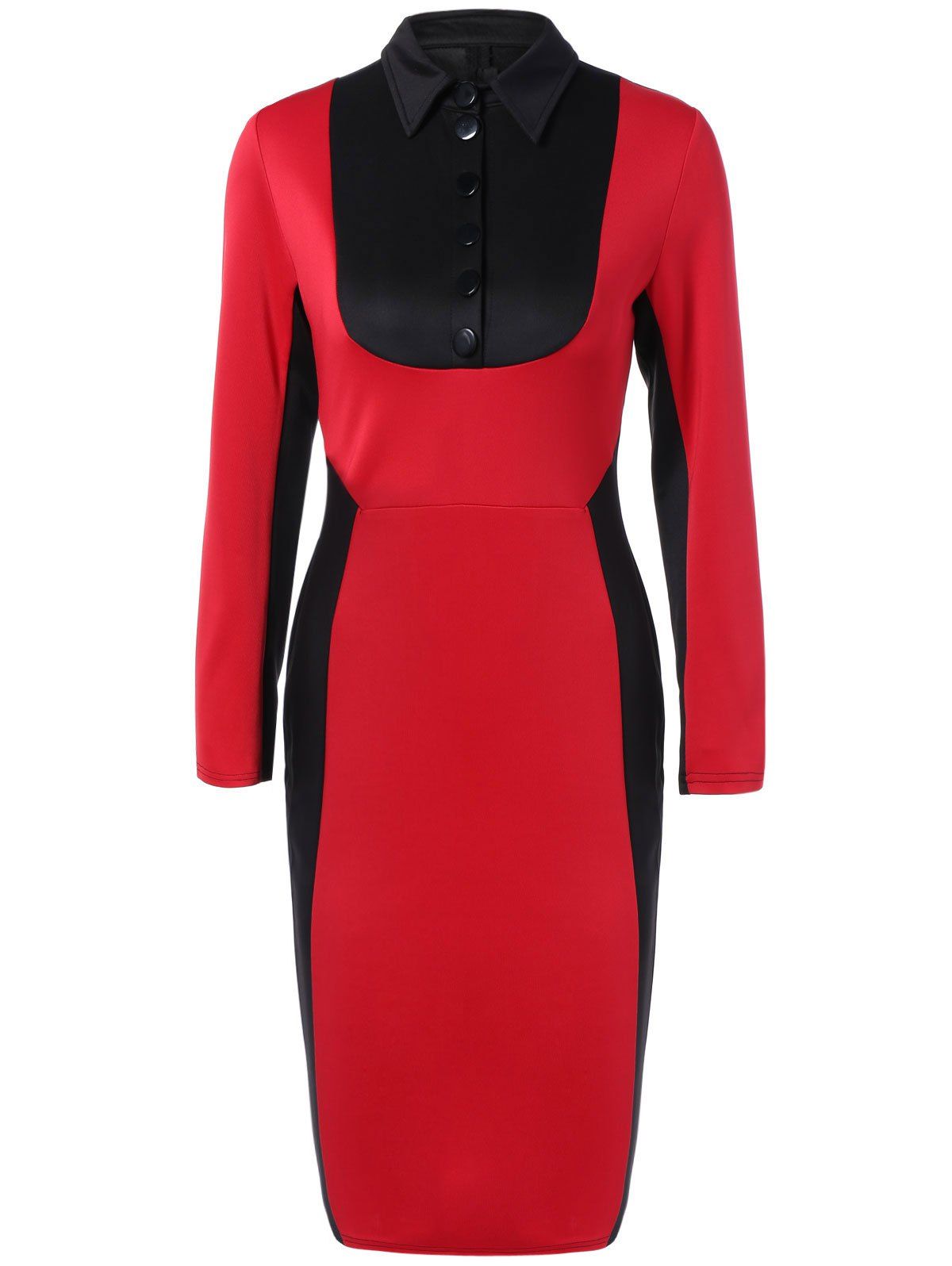 

Buttoned Long Sleeve Color Block Bodycon Dress, Red