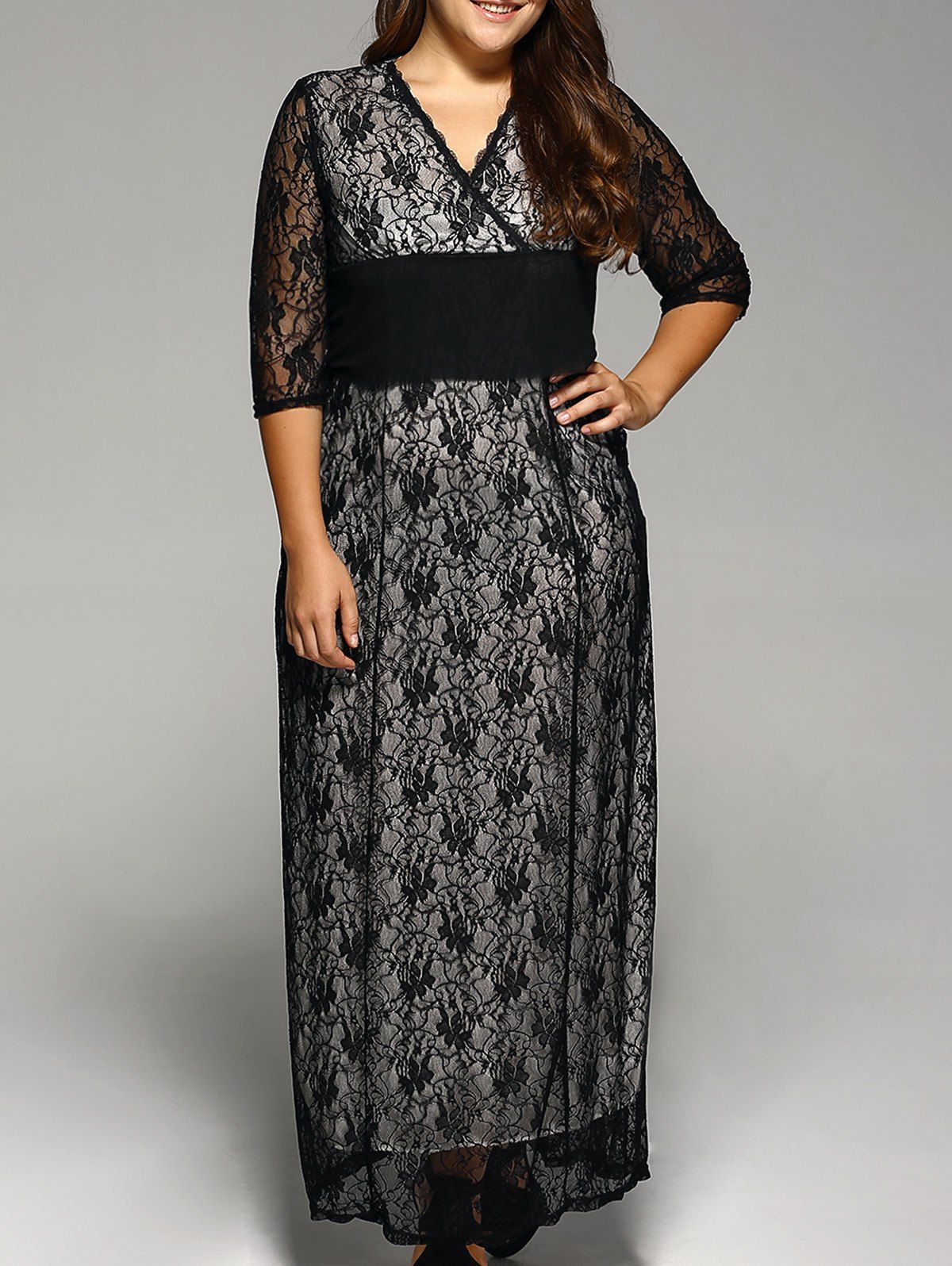 

Plus Size Maxi Lace Prom Dress with Sleeves, Black