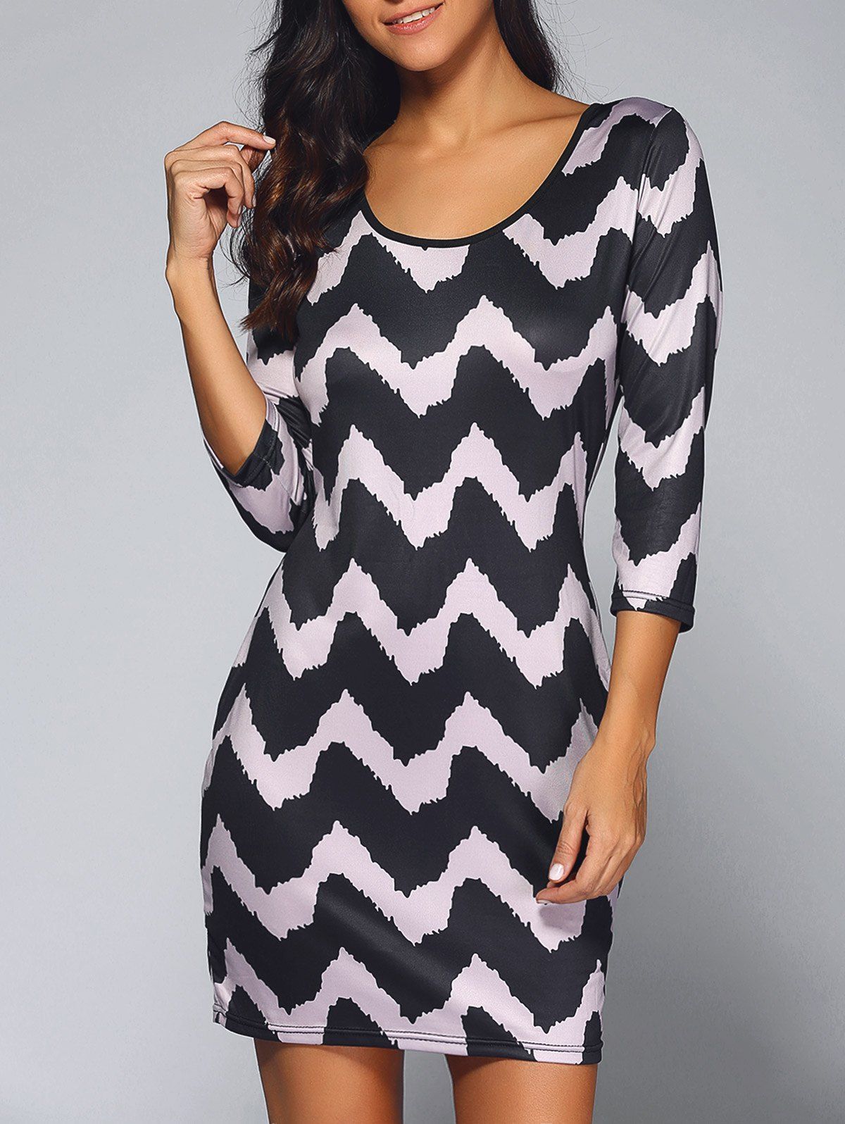 

3/4 Sleeve Wave Print Bodycon Dress, Black and purple